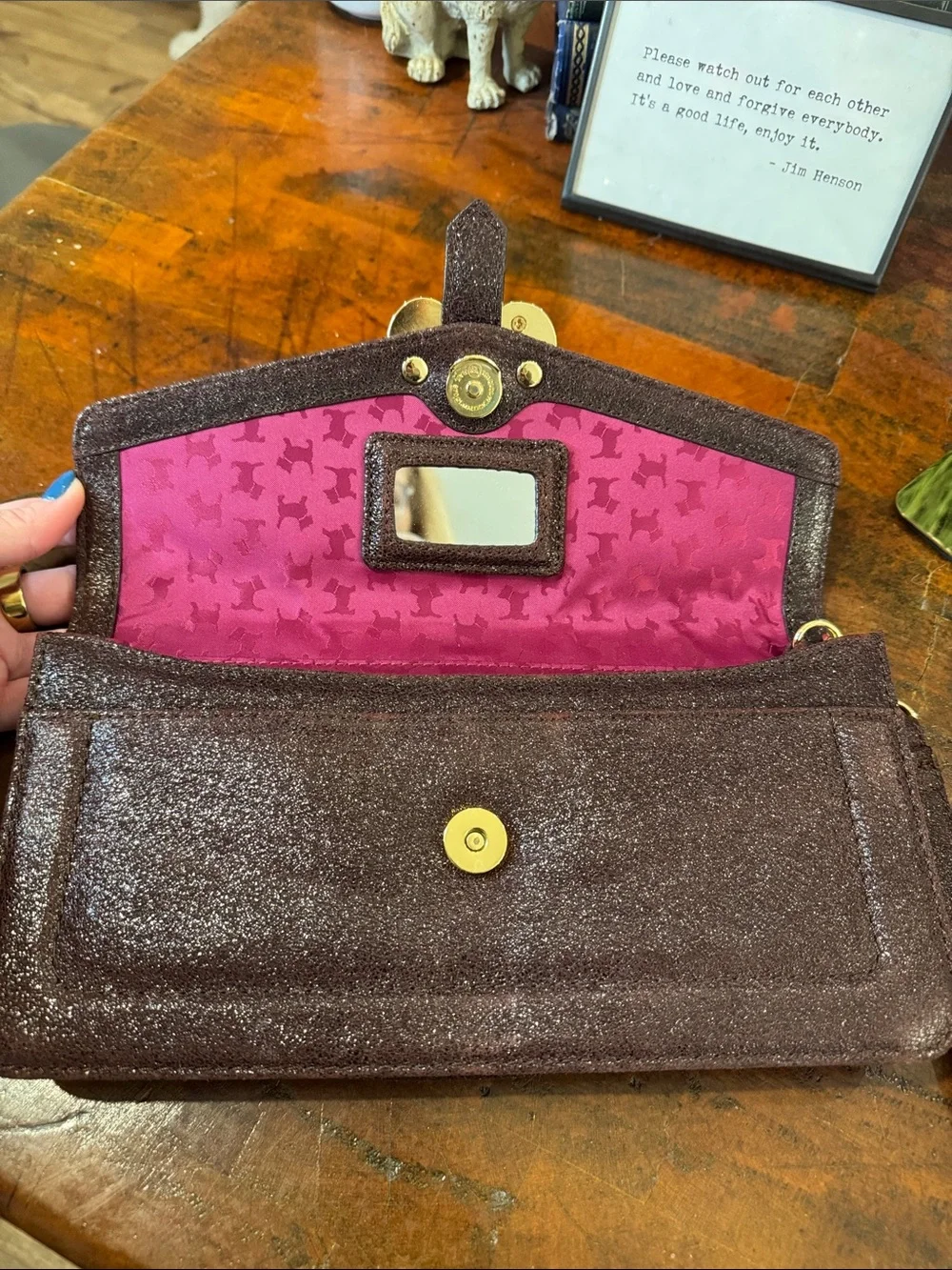 RADLEY LONDON Maroon Glitter Wristlet Clutch with Gold-Tone Clasp